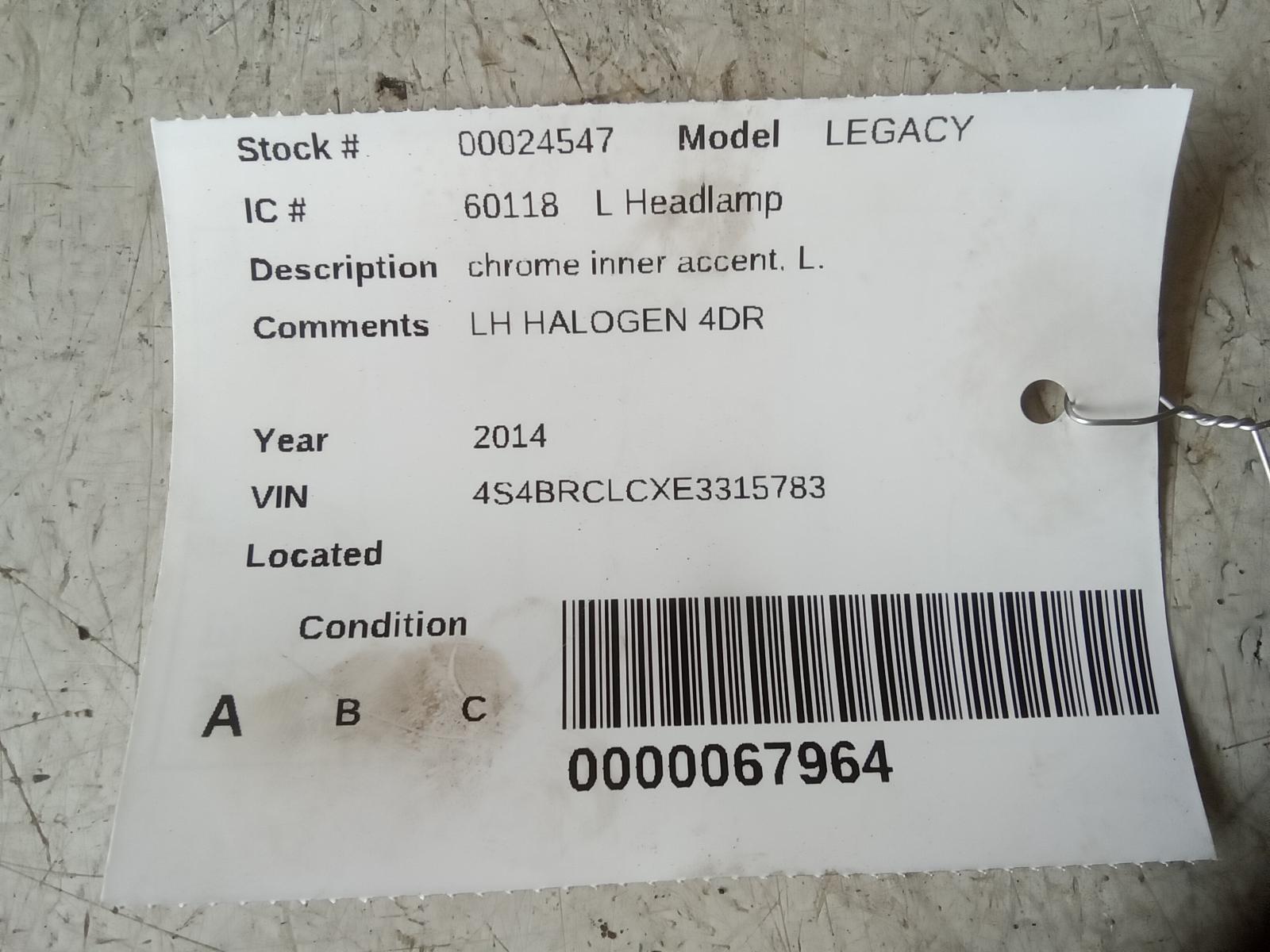 2014 SUBARU LEGACY 13-14 Chrome Inner Accent L. Headlamp Assembly