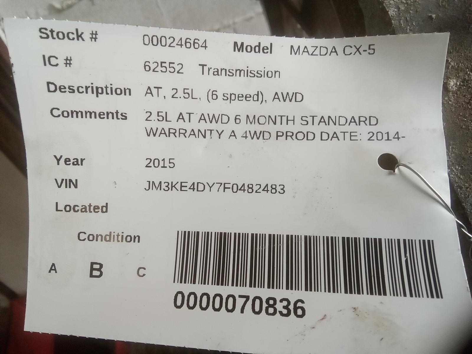 2015 MAZDA MAZDA CX-5 15-16 AT 2.5L (6 Speed) AWD Transmission