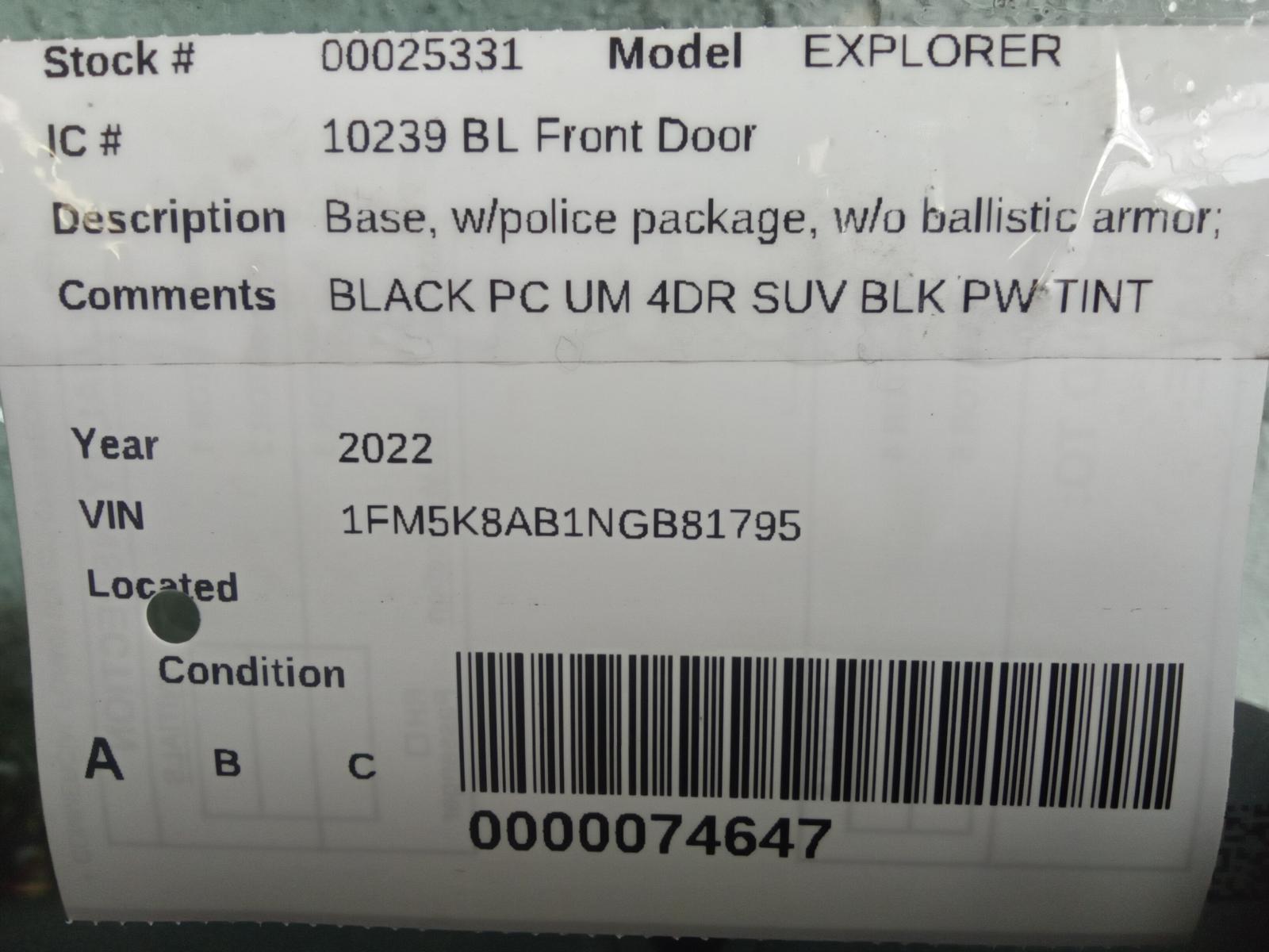 FORD EXPLORER 2020-2022 Base, w/police package, w/o ballistic